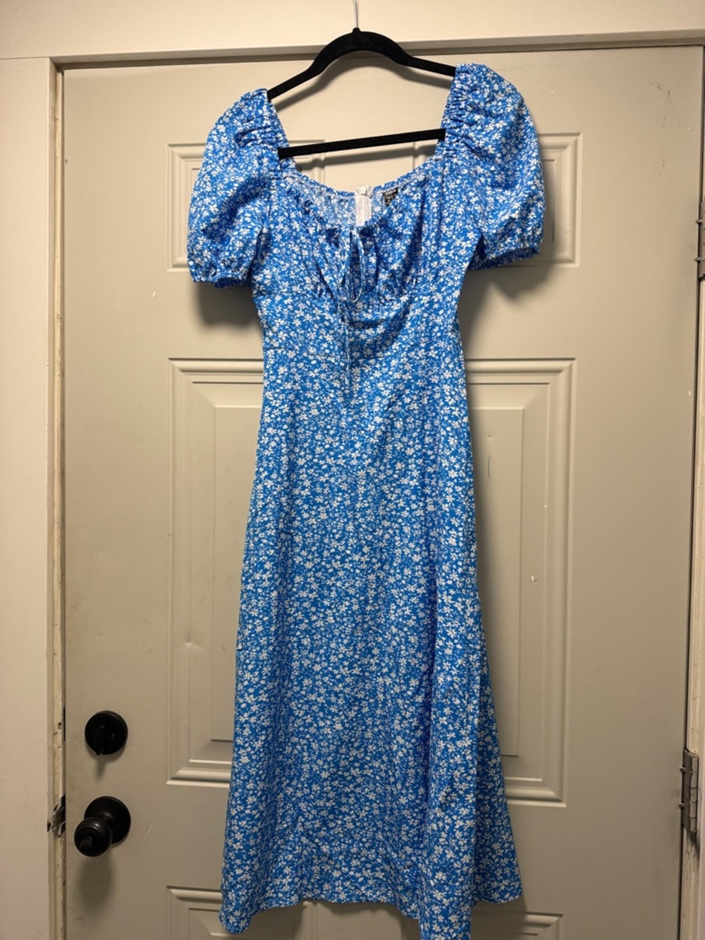SHEIN Blue Floral Puff-Sleeve Midi Dress with Tie Neck